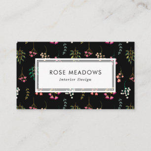 Boho Wildblumen Muster Schwarz Visitenkarte