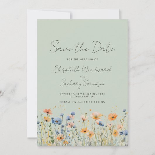 Boho Wildblumen Orange Blue Sage Green Wedding Save The Date (Vorderseite)