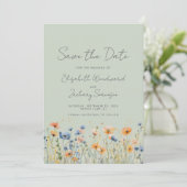 Boho Wildblumen Orange Blue Sage Green Wedding Save The Date (Stehend Vorderseite)