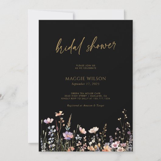Boho Wildblumen Pop! Schwarzes Brautparty Einladung (Vorderseite)