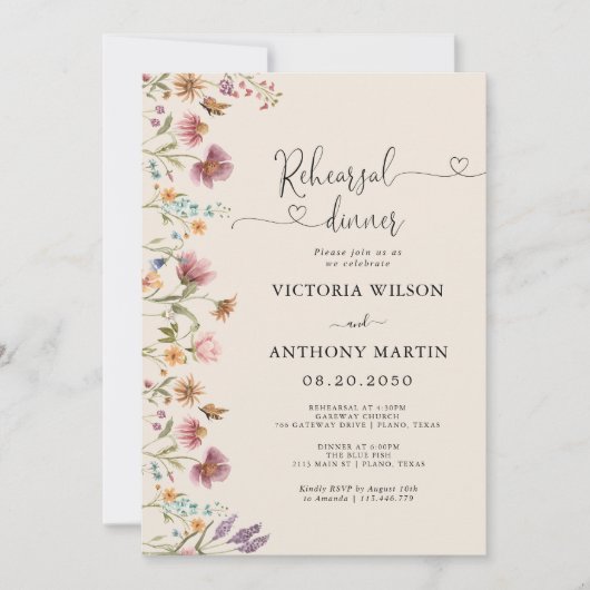 Boho Wildblumen Probe Abendessen Einladung (Vorderseite)