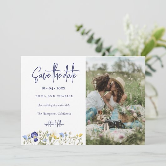 Boho Wildblumen QR Code Elegantes Foto Hochzeit Save The Date (Stehend Vorderseite)