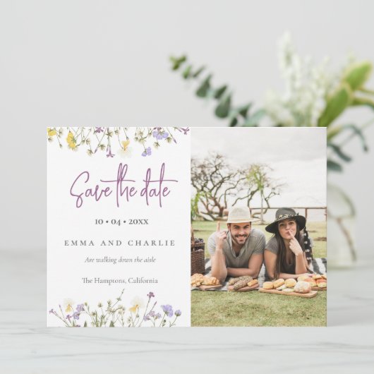 Boho Wildblumen QR Code Elegantes Foto Hochzeit Save The Date (Stehend Vorderseite)