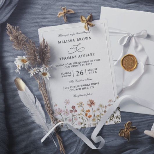Boho-Wildblumen-Rustikale-Budget-QR-Code-Hochzeit Einladung