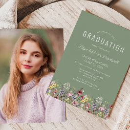Boho Wildblumen Sage Green Foto Abschluss Einladung