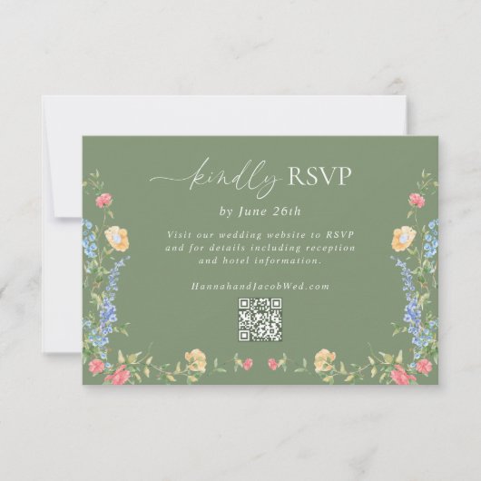 Boho-Wildblumen-Sagegrün-Hochzeits-QR-Code RSVP Karte (Vorderseite)
