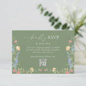 Boho-Wildblumen-Sagegrün-Hochzeits-QR-Code RSVP Karte (Stehend Vorderseite)