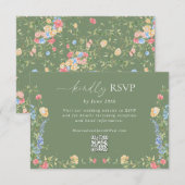 Boho-Wildblumen-Sagegrün-Hochzeits-QR-Code RSVP Karte (Vorne/Hinten)