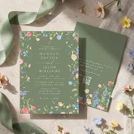 Boho-Wildblumen-Sagegrün-QR-Code-RSVP-Hochzeit Einladung