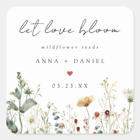 Boho-Wildblumen-Samen als Hochzeitsgunst Quadratischer Aufkleber (Vorderseite)