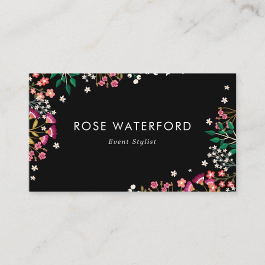 Boho Wildblumen - Schwarz Visitenkarte (Vorderseite)