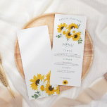 Boho Wildblumen Sonnenblumen Blätter Hochzeit Menükarte<br><div class="desc">Schöne Sonnenblumen und Blumen für Ihre Hochzeitstische mit einem wunderschönen Strauß von Wildblumen oben mit Ihren Namen gebogen oben und ein Sonnenblumenmotiv unten und koordinierende Blumen auf der Rückseite. Die Typografie ist simpel und stilvoll und leicht personalisiert zu Ihren eigenen Details. Sie können auch den Stil und die Farben des...</div>