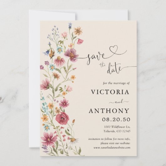 Boho-Wildblumen speichern Datumskarten Einladung (Vorderseite)
