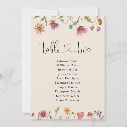 Boho Wildblumen Tischnummer 2 Sitzplan (Vorderseite)