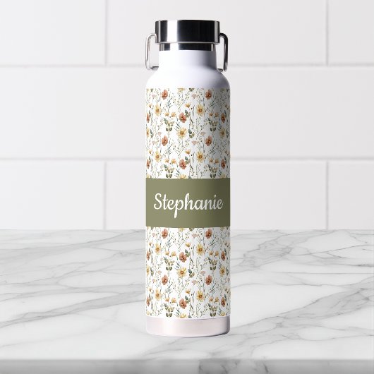 Boho-Wildblumen-Wasserfarbe-Monogramm-Name Trinkflasche