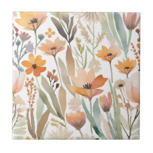 Boho-Wildblumen-Wasserfarben-Blumen-Pastell-Akzent Fliese