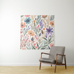 Boho-Wildblumen-Wasserfarben-Blumen-Pastell-Wand Wandteppich