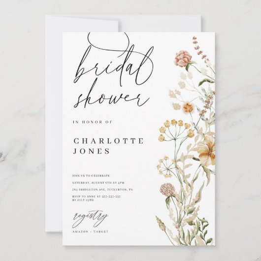 Boho Wildblumen Wasserfarben Minimales Brautparty Einladung (Vorderseite)