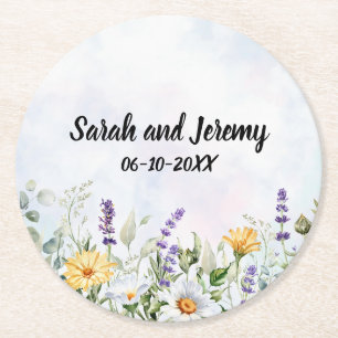 Boho-Wildblumen-Watercolor-Personalisierung Hochze Runder Pappuntersetzer