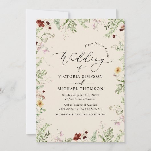 Boho Wildblumen Wedding Einladung (Vorderseite)