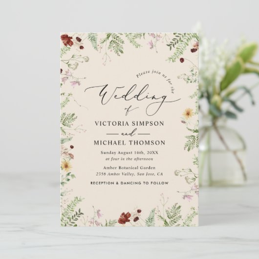 Boho Wildblumen Wedding Einladung (Stehend Vorderseite)