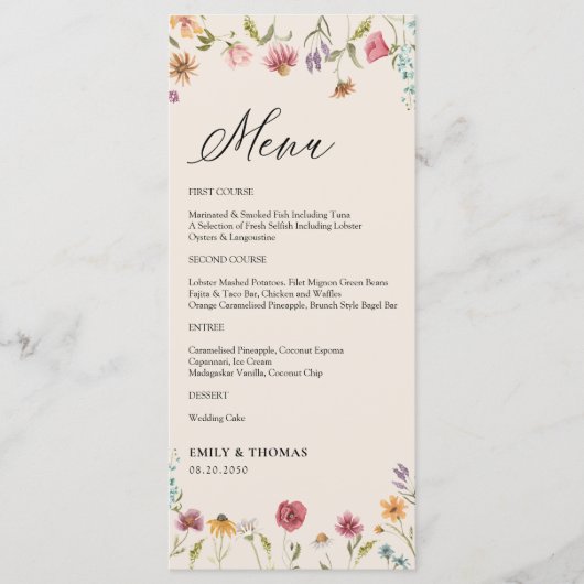 Boho Wildblumen Wedding Menu Menükarte (Vorderseite)