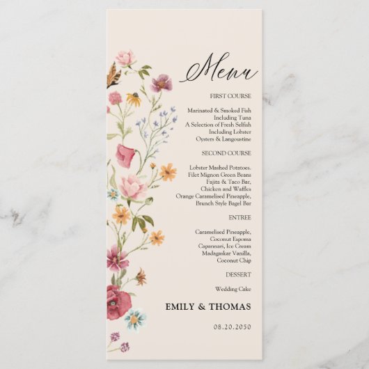 Boho Wildblumen Wedding Menu Menükarte (Vorderseite)