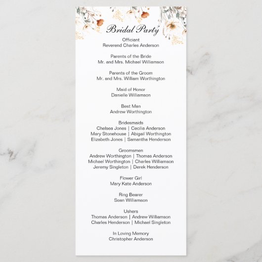 Boho Wildblumen Yellow Beige Wedding Program Menükarte (Rückseite)