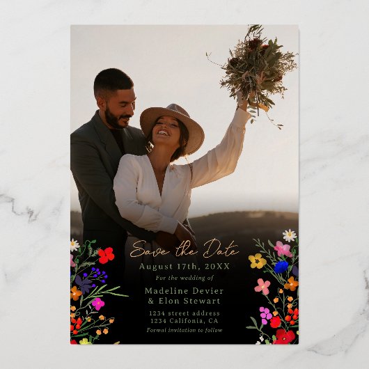 Boho wilde Blume 2 Fotos Hochzeit speichern das Da Folieneinladung (Rückseite)