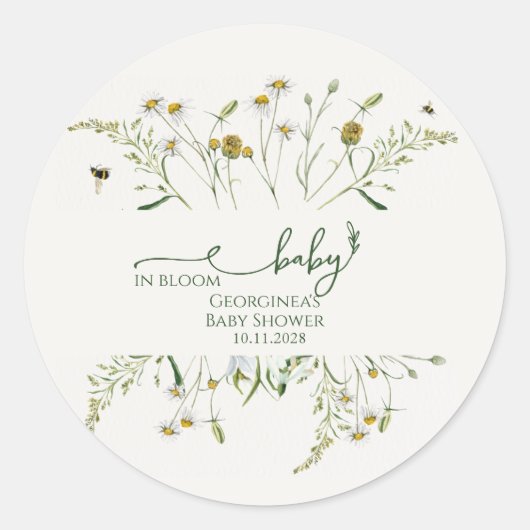 Boho Wildflower Baby in Bloom Baby Shower Runder Aufkleber (Vorderseite)