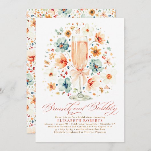Boho Wildflower Brunch and Bubbly Bridal Shower Einladung (Vorne/Hinten)