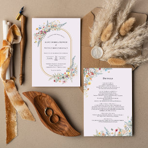 Boho Wildflower Farn Lavendel Hochzeitsdetails und Einladung