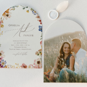 Boho-Wildflower-Garten Beige Foto-Arch Hochzeit Einladung