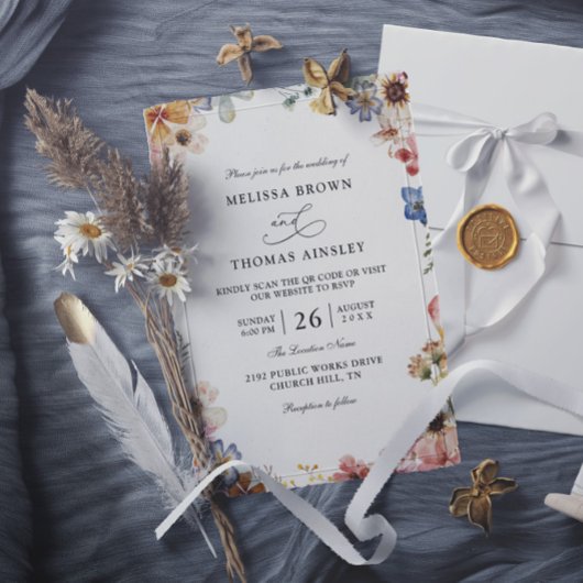 Boho-Wildflower-Garten Budget QR-Code Hochzeit Einladung