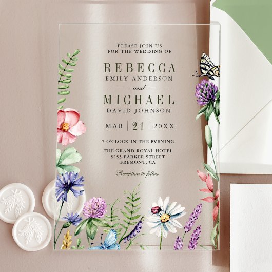 Boho Wildflower-Hochzeit Acryleinladungen