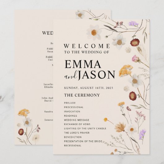 Boho-Wildflower-Hochzeitsprogramm Einladung (Vorne/Hinten)