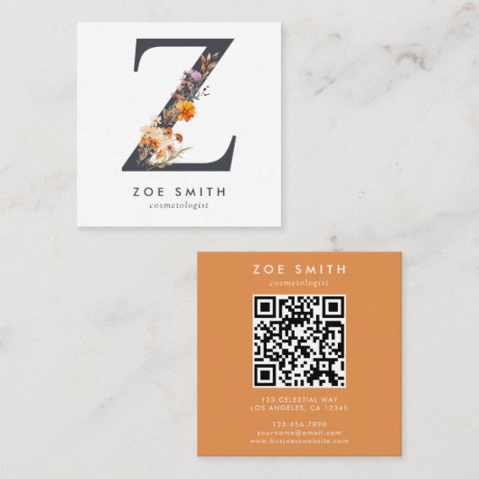Boho-Wildflower-Initial Z-QR-Code Quadratische Visitenkarte (Vorne/Hinten)