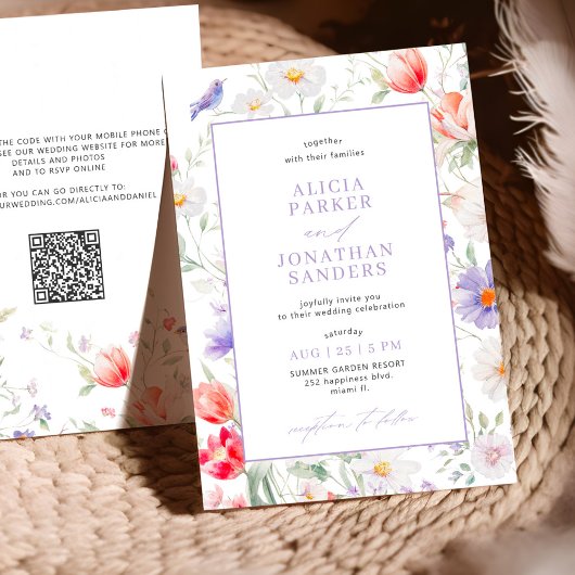 Boho wildflower lavender all in one QR wedding Einladung