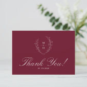 Boho Wildflower Monogram Elegant Burgundy Wedding Dankeskarte (Stehend Vorderseite)