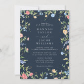 Boho Wildflower Navy Blau QR Code RSVP Hochzeit Einladung (Vorderseite)