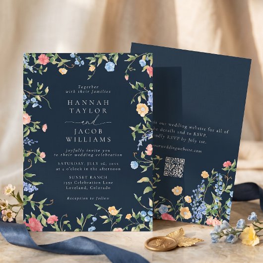 Boho Wildflower Navy Blau QR Code RSVP Hochzeit Einladung
