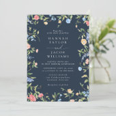 Boho Wildflower Navy Foto QR Code RSVP Hochzeit Einladung (Stehend Vorderseite)