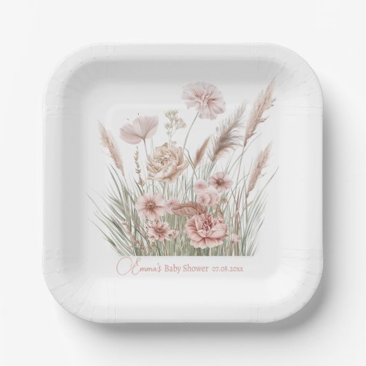 Boho Wildflower personalisierte Papierplatten Pappteller (Vorderseite)