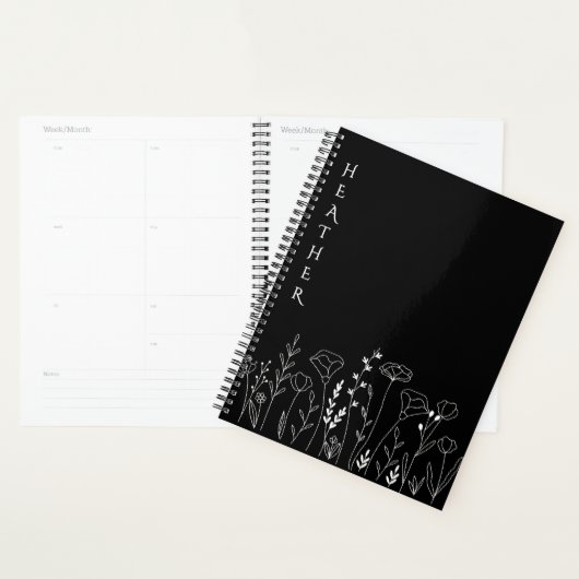 Boho Wildflower Personalisiertes Schwarzes Geschen Planer (Anzeige)