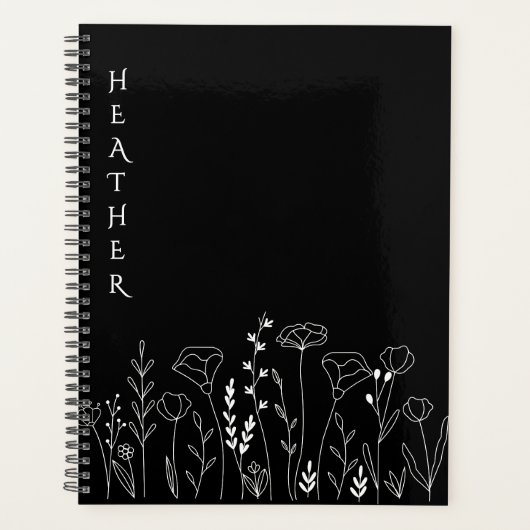 Boho Wildflower Personalisiertes Schwarzes Geschen Planer (Vorderseite)