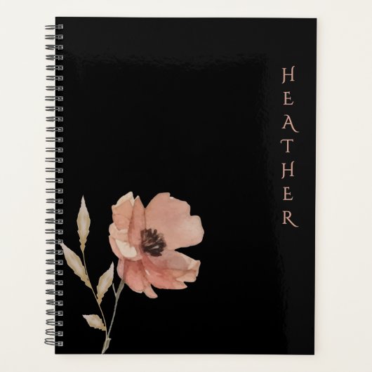 Boho Wildflower Personalized Black Gift for Her Planer (Vorderseite)