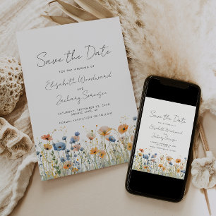 Boho-Wildflower-Rand Orange Blaue Hochzeit Save The Date