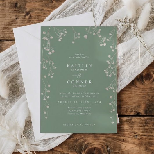 Boho Wildflower Sage Green Baby's Breath Wedding Einladung