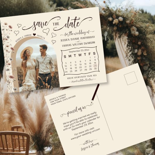 Boho Wildflowers Calendar & Photo Save the Date Ankündigungspostkarte
