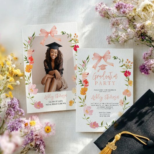 Boho Wildflowers Coquette Bow Foto Abschluss Einladung